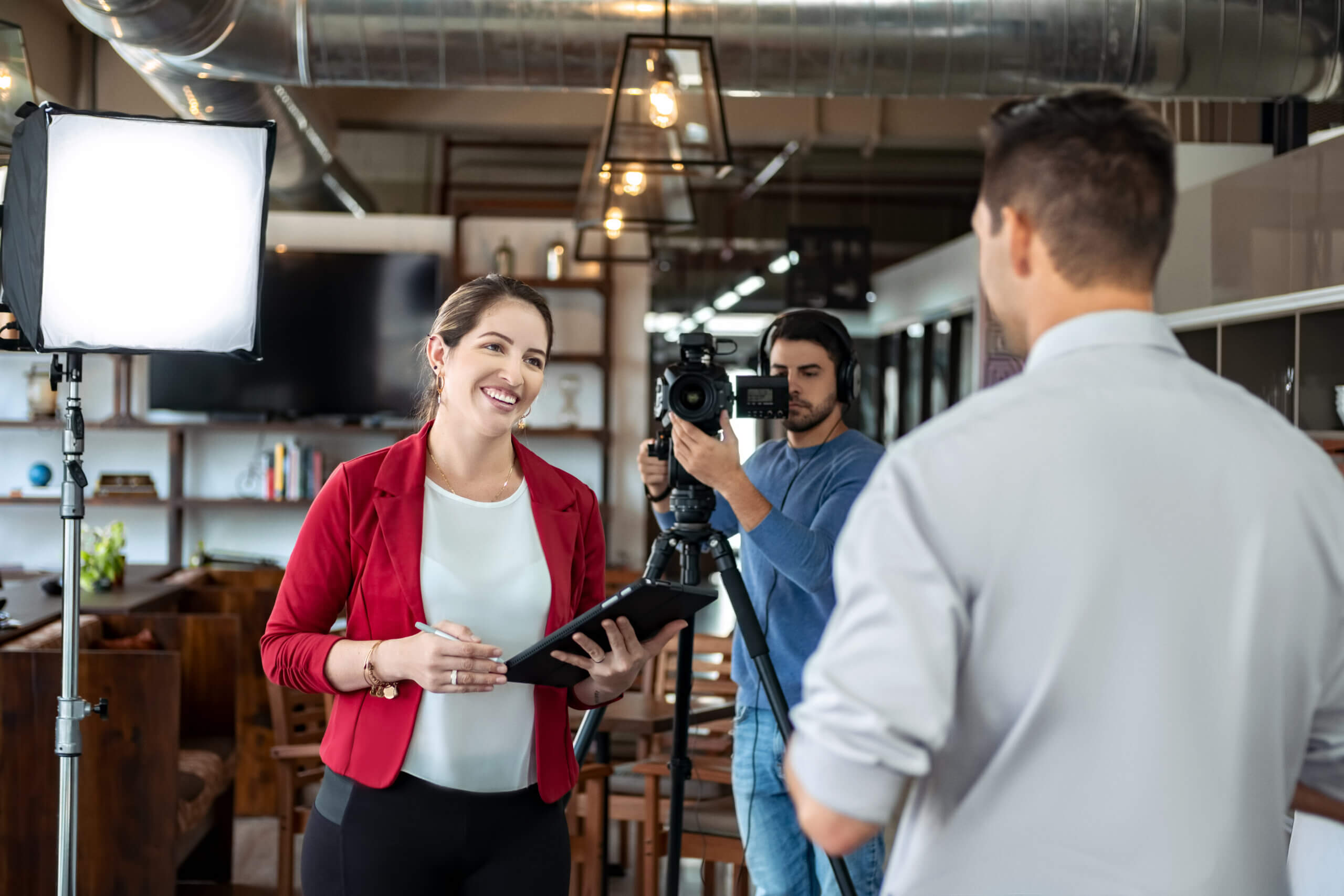 Filming a corporate interview on location
